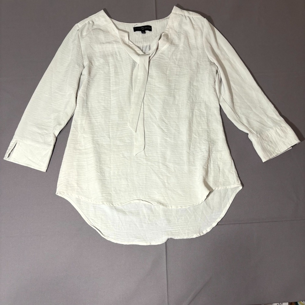 Fred David Blouse Top Womens Small White Pleated Tie Neck High Low Curved Hem